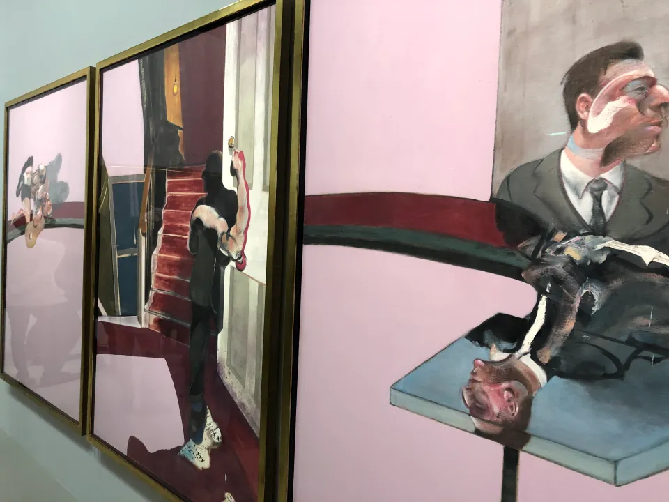 Francis Bacon — triptych in gold frames, pale pink backgrounds