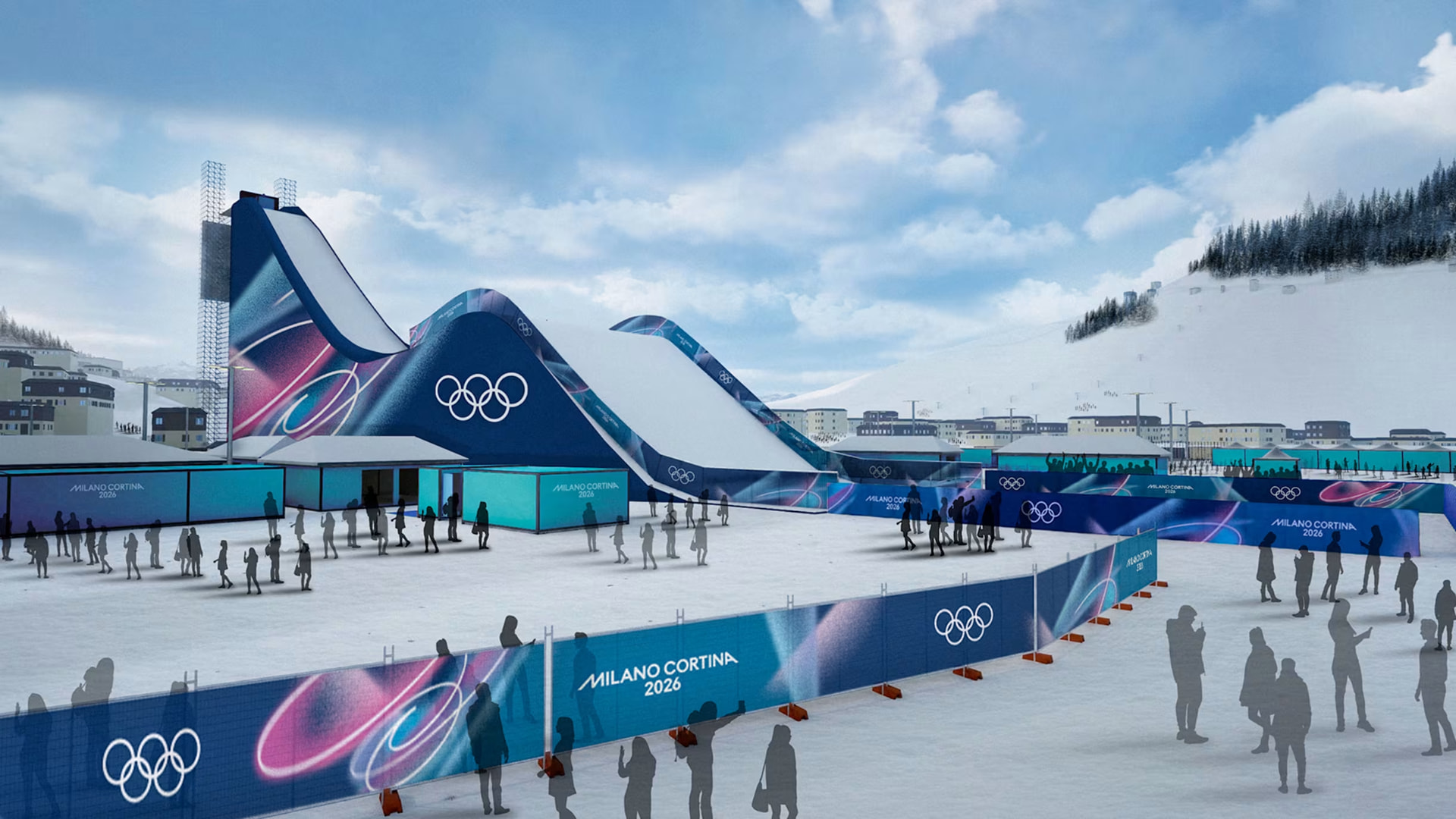 Milano Cortina 2026 — winter sports venue rendering with ramp and pictograms