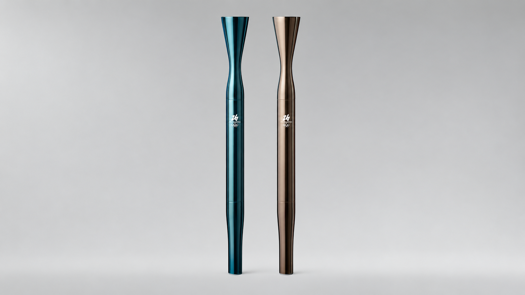 Milano Cortina 2026 — two Olympic torches, teal and bronze